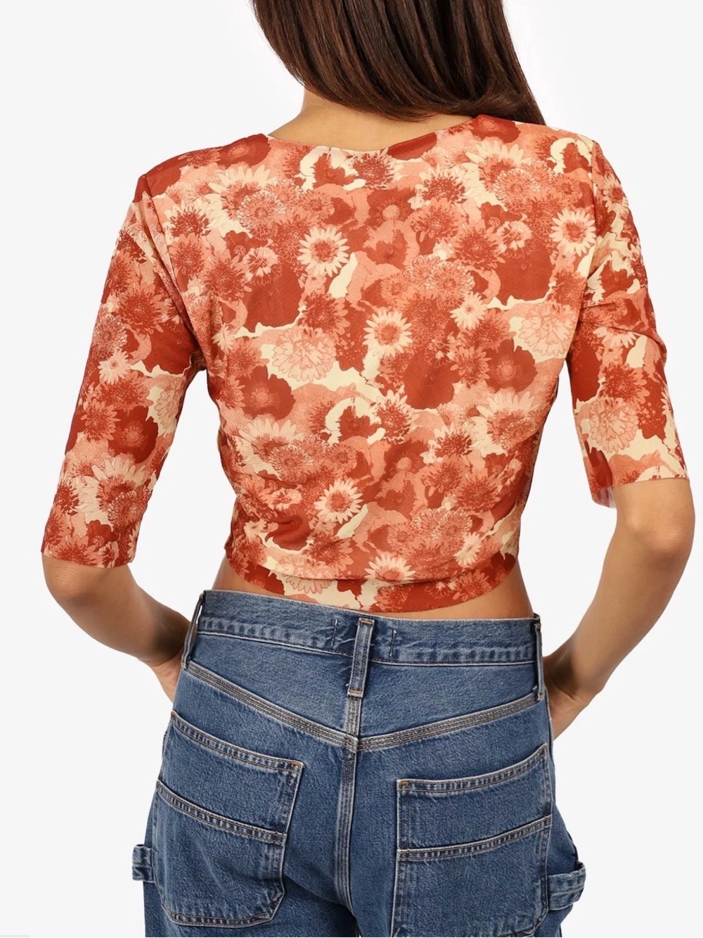 Ganni retro floral mesh crop top shirt orange brown rust stretch boho sz 34 US 2 - Picture 5 of 13